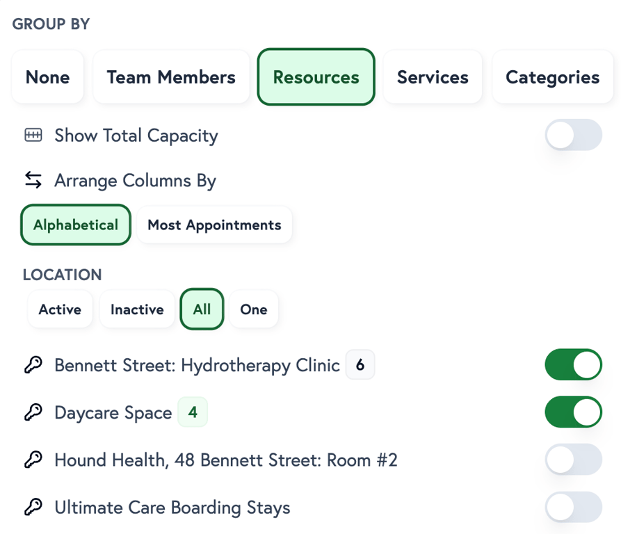 Petboost scheduler group by dropdown showing team, resources, services, and categories grouping options