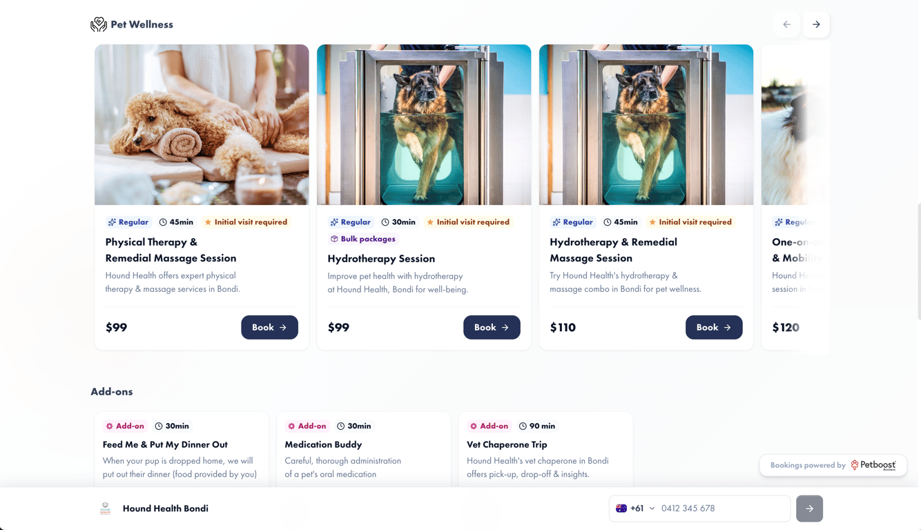 Pet Wellness service category showing service cards with images, pricing, badges, and book buttons