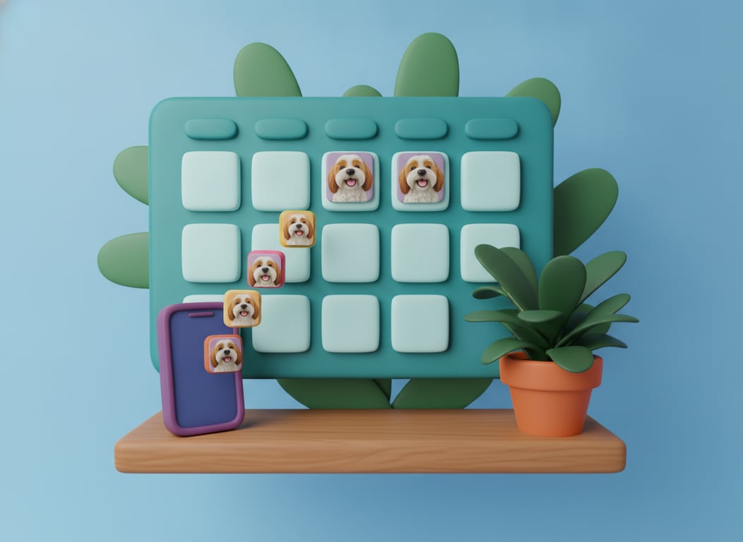 3D clay illustration of a teal wall planner of blank squares, with photo tiles of a freshly groomed dog floating up from a phone into the empty cells