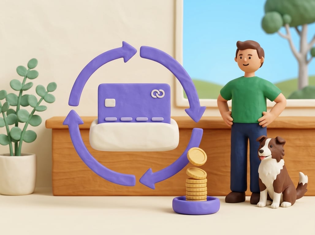 A 3D clay-style illustration of a paper bill dissolving into coins that flow into a phone with a green tick, beside a resting dog, in the Petboost brand style