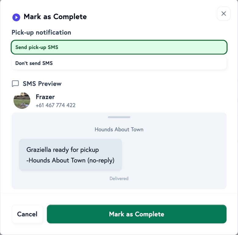 Petboost quick SMS actions showing pick-up, late, and review request options
