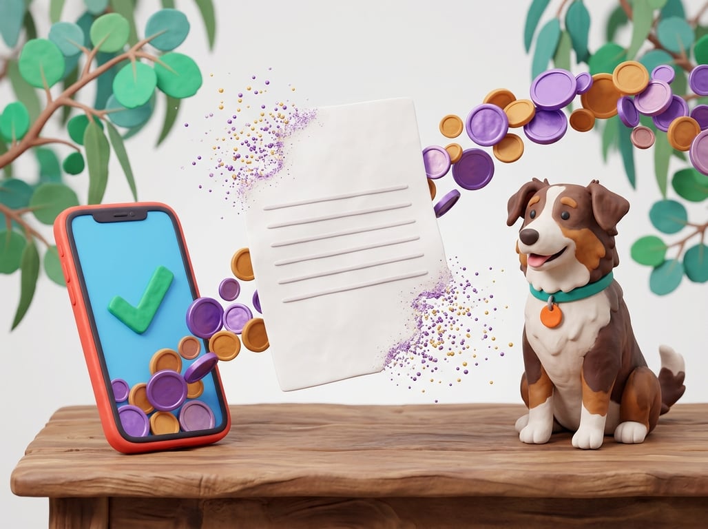 A 3D clay-style illustration of a paper bill dissolving into coins that flow into a phone with a green tick, beside a resting dog, in the Petboost brand style