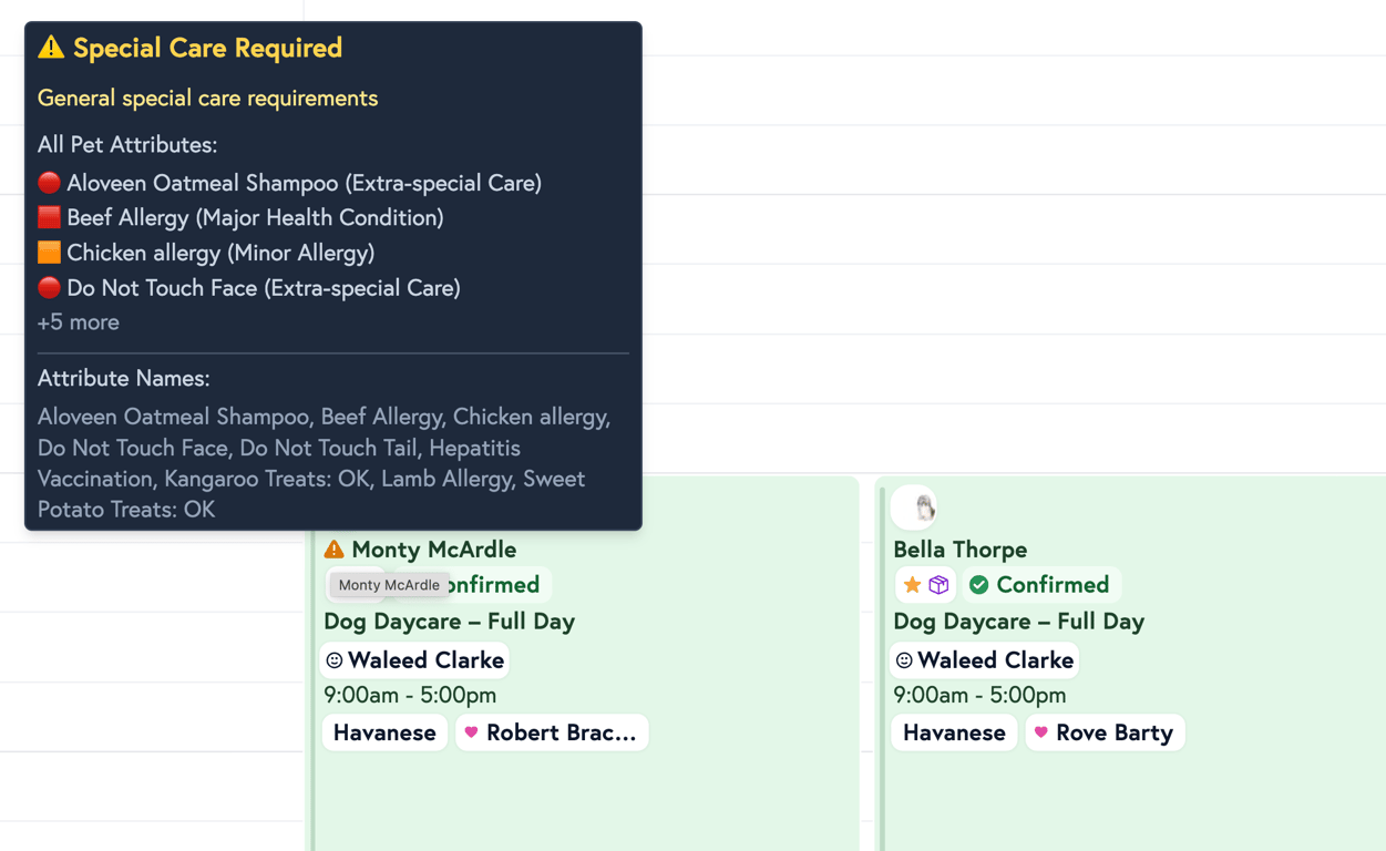 Petboost appointment card close-up showing pet photo, status badge, care alerts, and service details