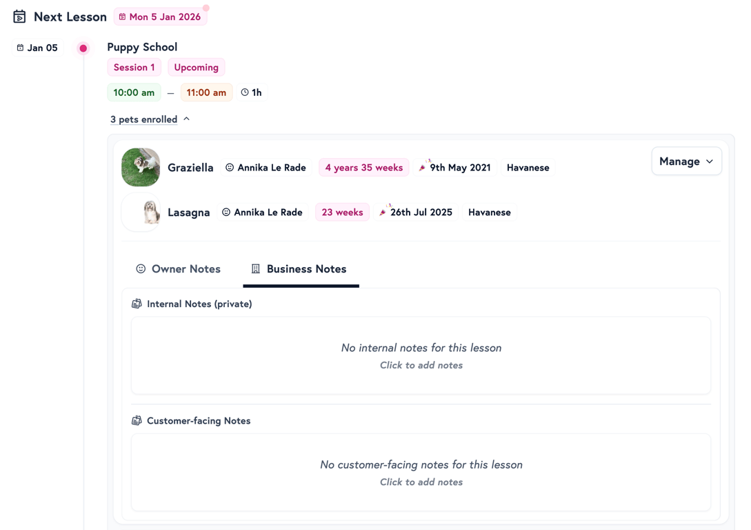 Petboost course timeline showing notes and updates per lesson
