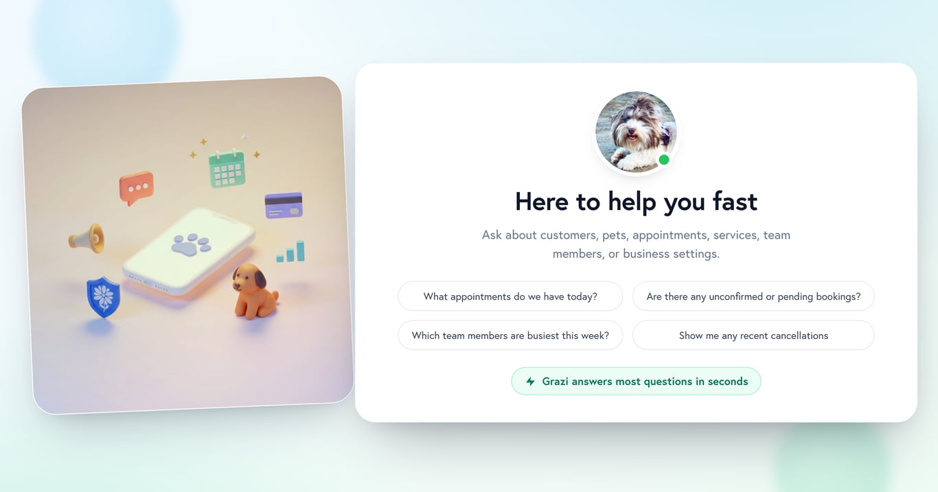 Grazi's welcome panel in Petboost with her avatar, the greeting "Here to help you fast" and example questions, beside a 3D clay illustration of the tools she works across