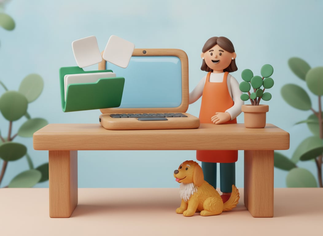 3D clay illustration of a laptop on a timber desk with an open green folder beside it and three blank sheets lifting out of the folder towards the screen, an owner in an orange apron resting a hand on the laptop