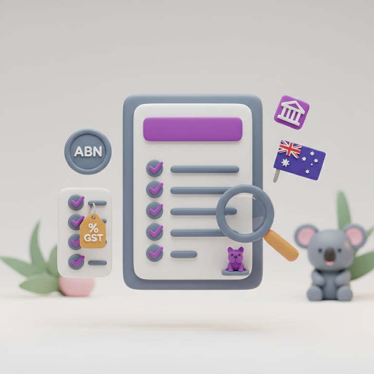 Kukla 3D illustration of an Australian tax invoice with a seven-point compliance checklist, an ABN badge, a GST tag and an Australian flag