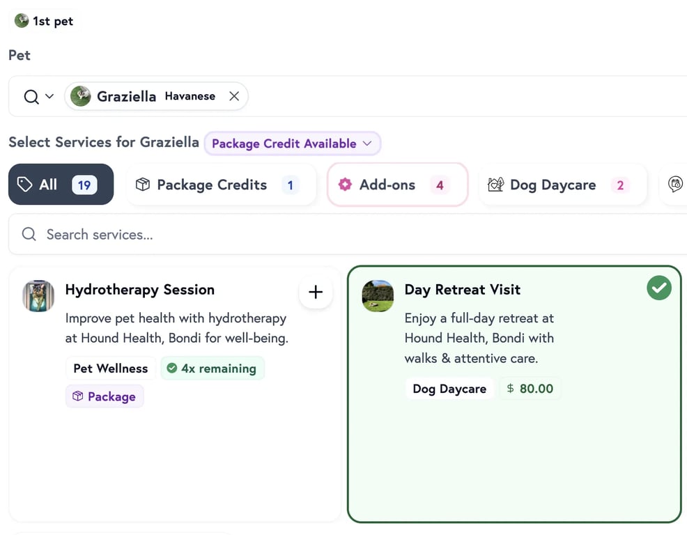 Customer upsell experience showing add-ons selection during booking