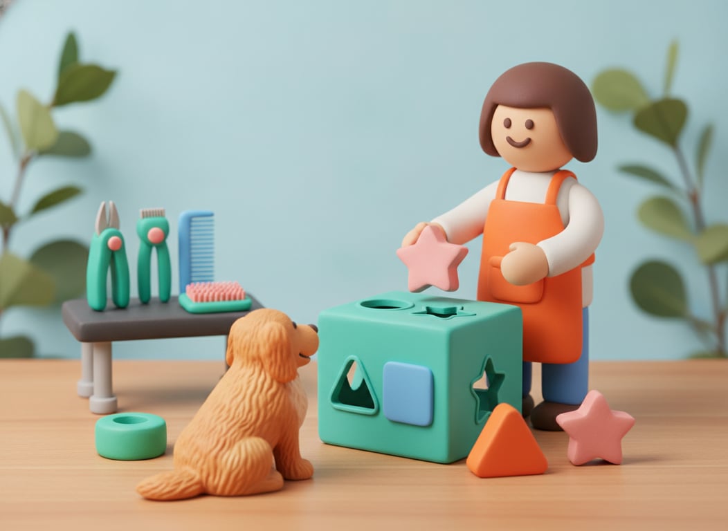 3D clay illustration of a teal shape sorter toy with circle, square, triangle and star holes, a pink star block being lowered into its matching hole, a grooming bench with clippers and a comb behind and a happy dog watching