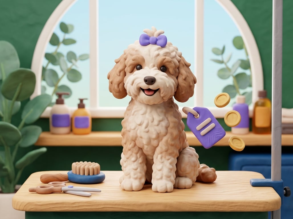 A 3D clay-style illustration of a freshly groomed fluffy dog with a price tag, gold coins and grooming tools, in the Petboost brand style