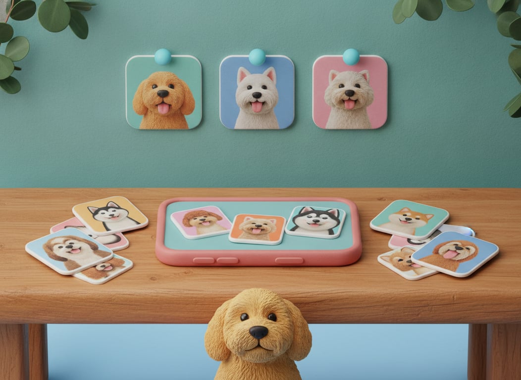 3D clay illustration of a phone spilling a drift of photo tiles of a freshly groomed dog across a bench, with three of them pinned in a neat row on the wall above