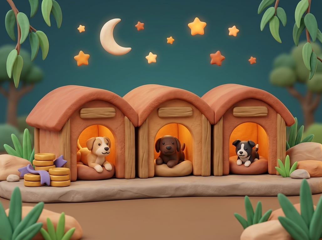 A 3D clay-style illustration of cosy boarding kennels with resting dogs under a crescent moon, with gold coins nearby, in the Petboost brand style