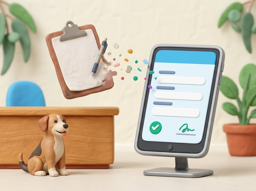 Petboost Fields & Forms feature showing intake form builder with e-signatures and auto-send