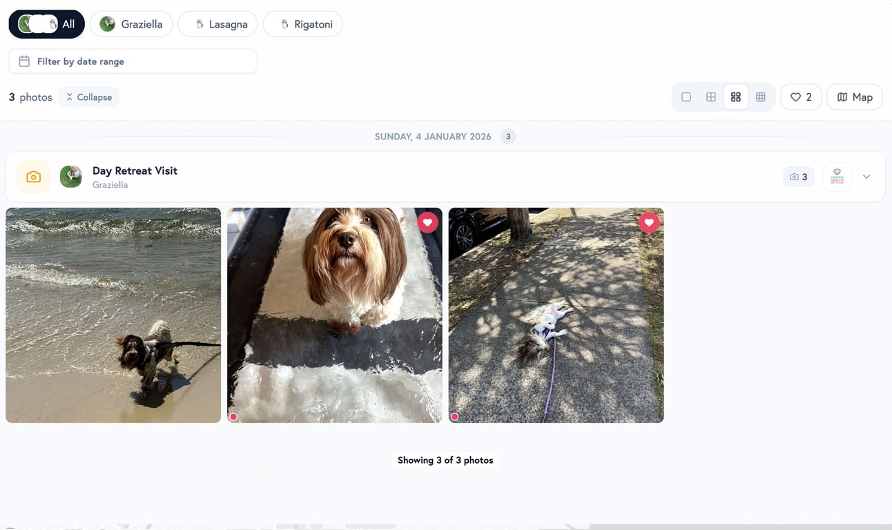 Petboost pet owner photo gallery showing appointment photos in a grid layout with favourites and pet filters