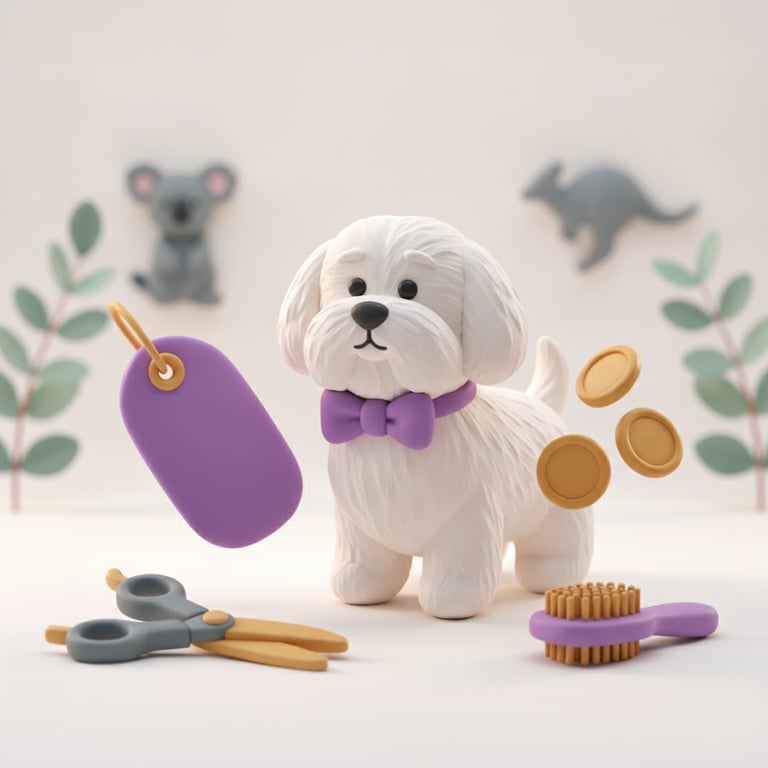 A 3D clay-style illustration of a freshly groomed fluffy dog with a price tag, gold coins and grooming tools, in the Petboost brand style