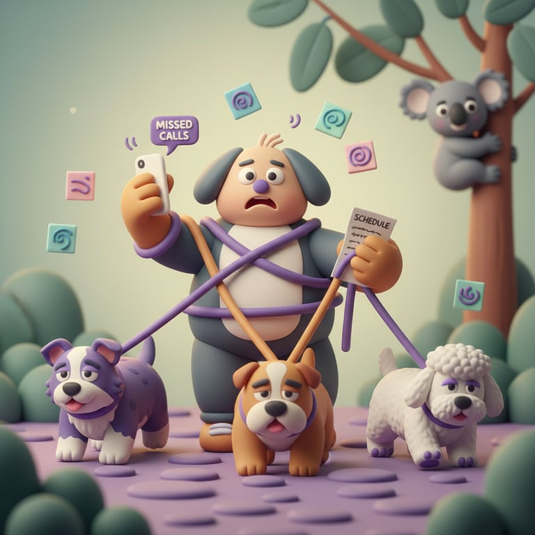 Professional dog walker with multiple dogs on a sunny trail