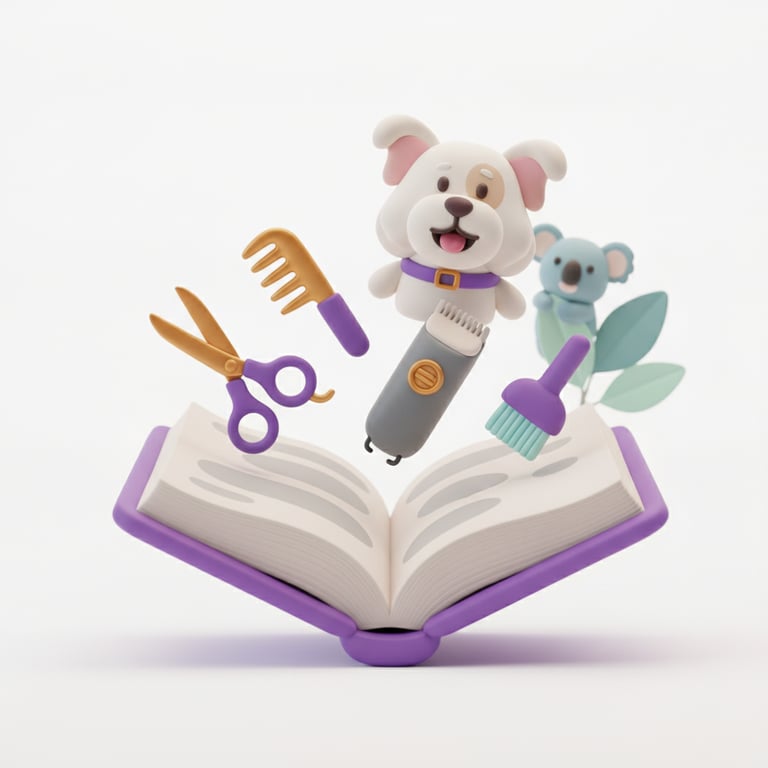 A 3D clay-style illustration of an open book with grooming tools floating above it and a happy dog peeking over the top, in the Petboost brand style