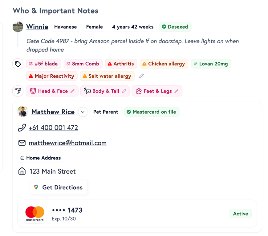 Petboost appointment customer and pet tab showing pet profile and grooming preferences
