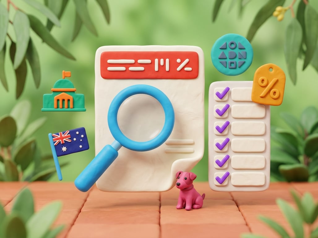 Kukla 3D illustration of an Australian tax invoice with a seven-point compliance checklist, an ABN badge, a GST tag and an Australian flag
