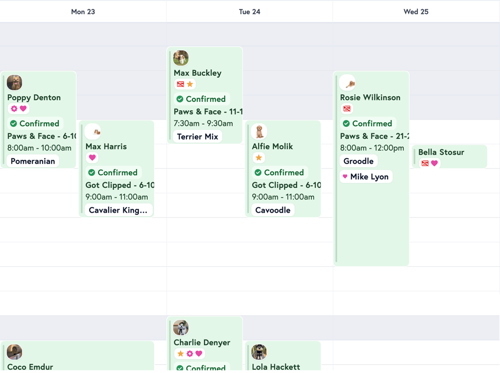 Petboost scheduler week view showing a full week of appointments