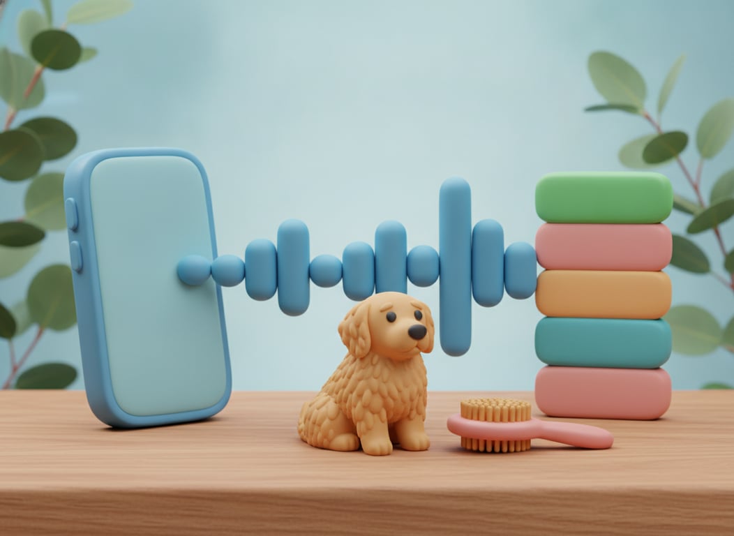 3D clay illustration of a phone with a sky-blue sound wave flowing out of it and resolving into a neat stack of blank coloured cards, with a freshly groomed dog and a brush on the bench