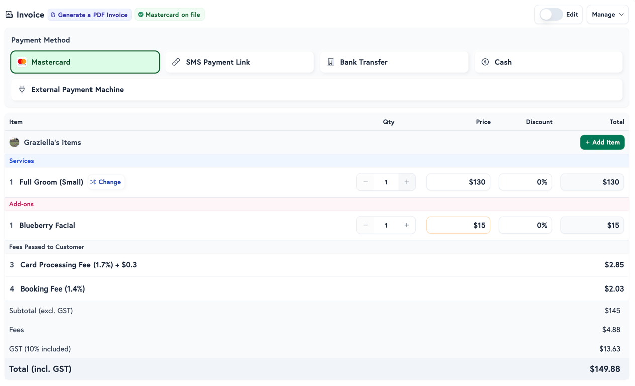 Petboost appointment invoice tab showing line items, pricing, and payment options