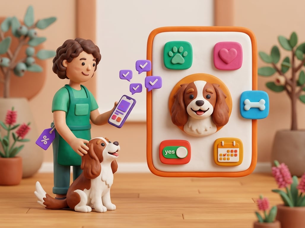 Kukla 3D illustration of a groomer reading a pet profile card with data chips while form answers auto-fill the profile, beside a happy dog