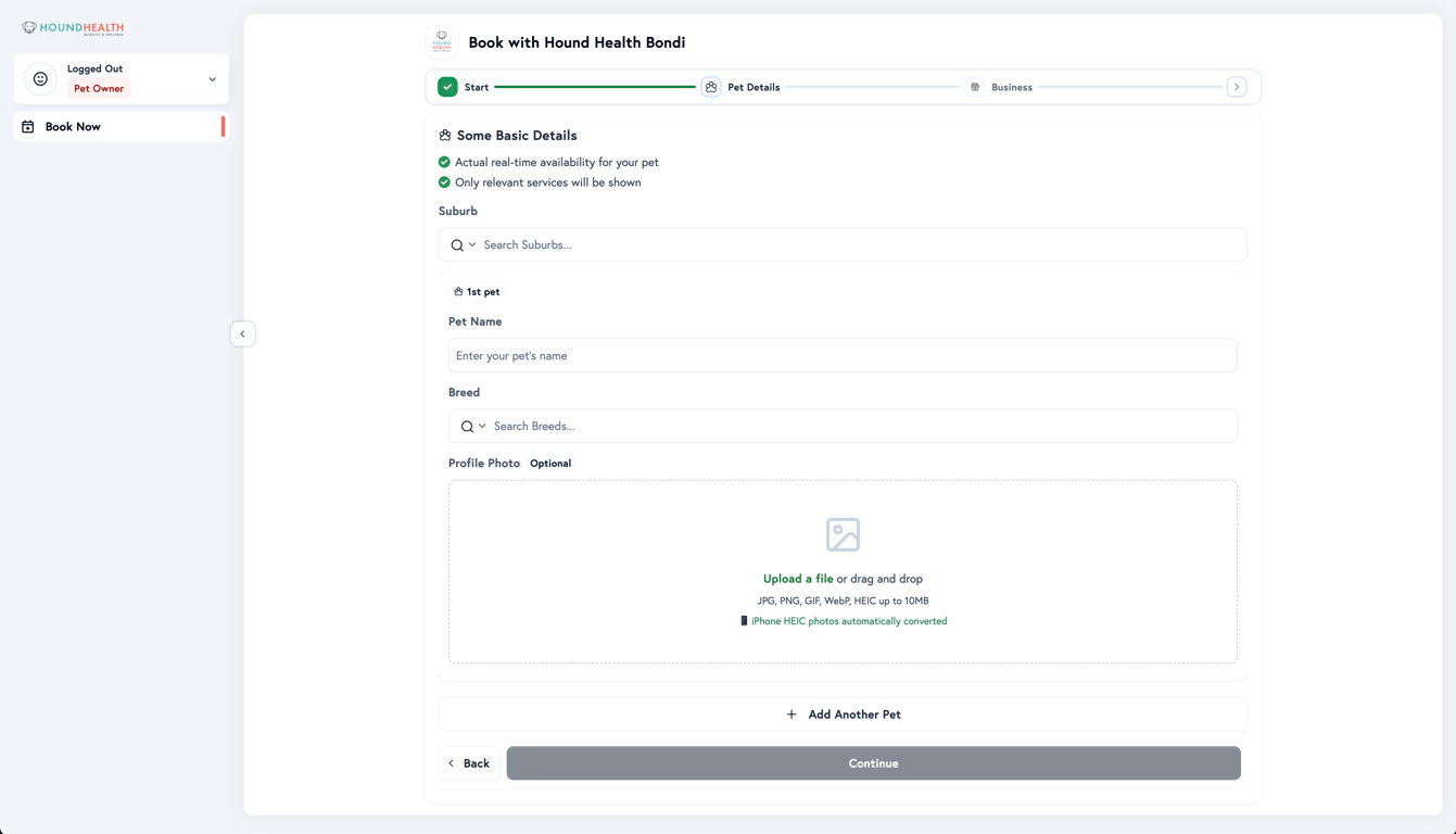 Pet details entry with name, breed, and photo upload