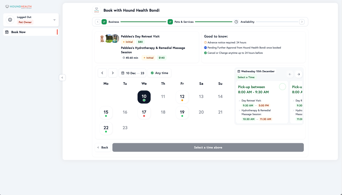 Calendar showing available time slots