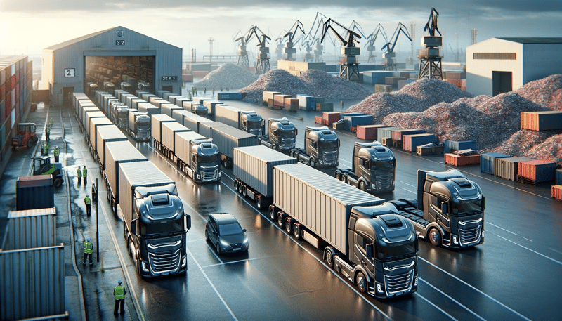 a scene depicting a modern queue of british articulated lorries with contemporary designs, waiting outside a scrapyard. the lorries have sleek, aerody