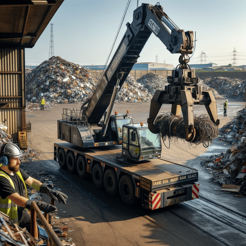 dall·e 2023 11 08 11.15.54 a busy uk scrapyard scene with a large crane lifting scrap metal. the crane is an industrial type, commonly seen in scrapyards, with a powerful magnet