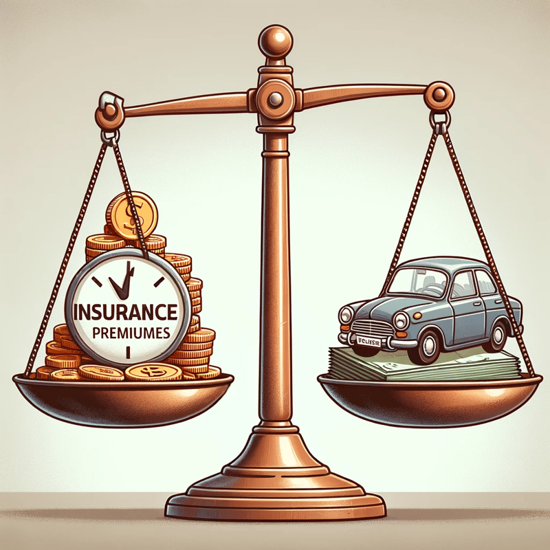 dall·e 2023 11 08 16.19.18 an illustration of a balance scale. on one side of the scale is a stack of coins and piles of cash labeled 'insurance premiums' in a clear, bold font,