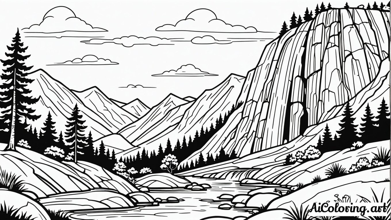Free coloring page to print mountain landscape with waterfall