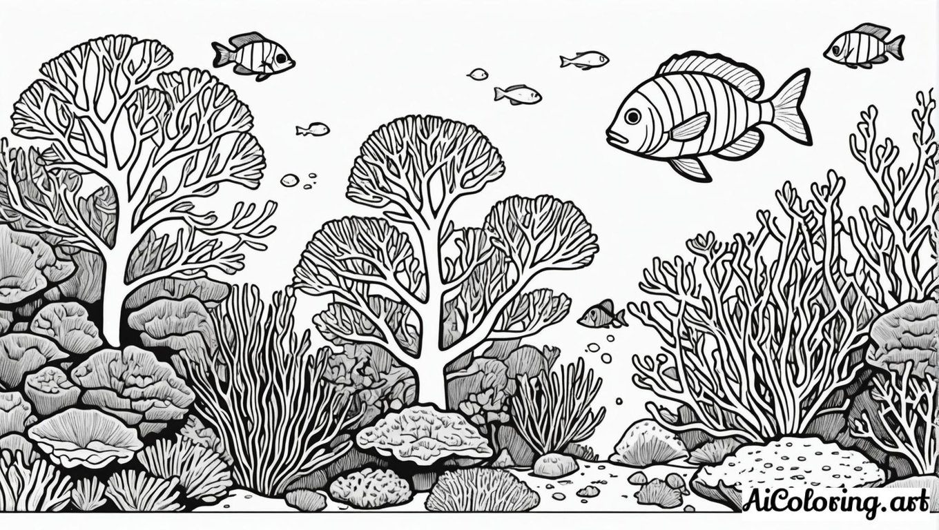 Free coloring page to print underwater coral reef detail