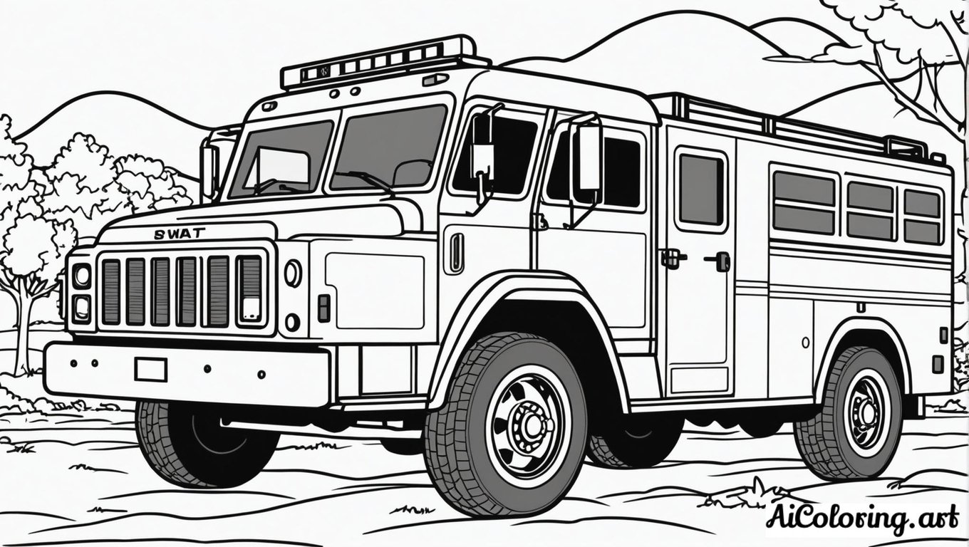 Free coloring page to print swat truck action scene