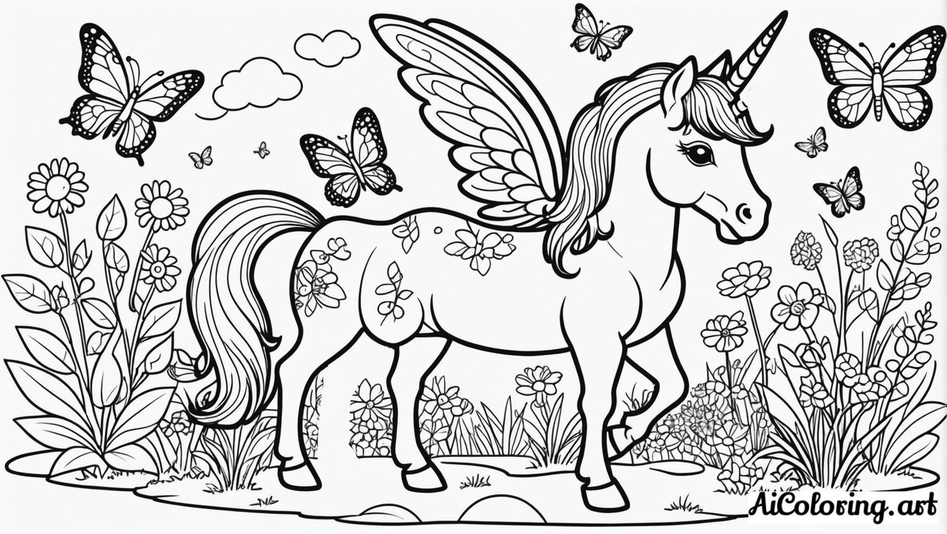 Free coloring page to print unicorn butterfly garden magic