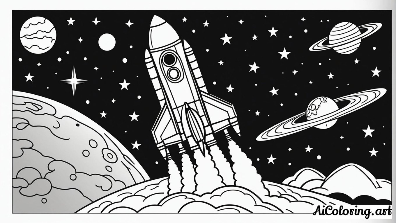 Free coloring page to print space rocket launching night scene
