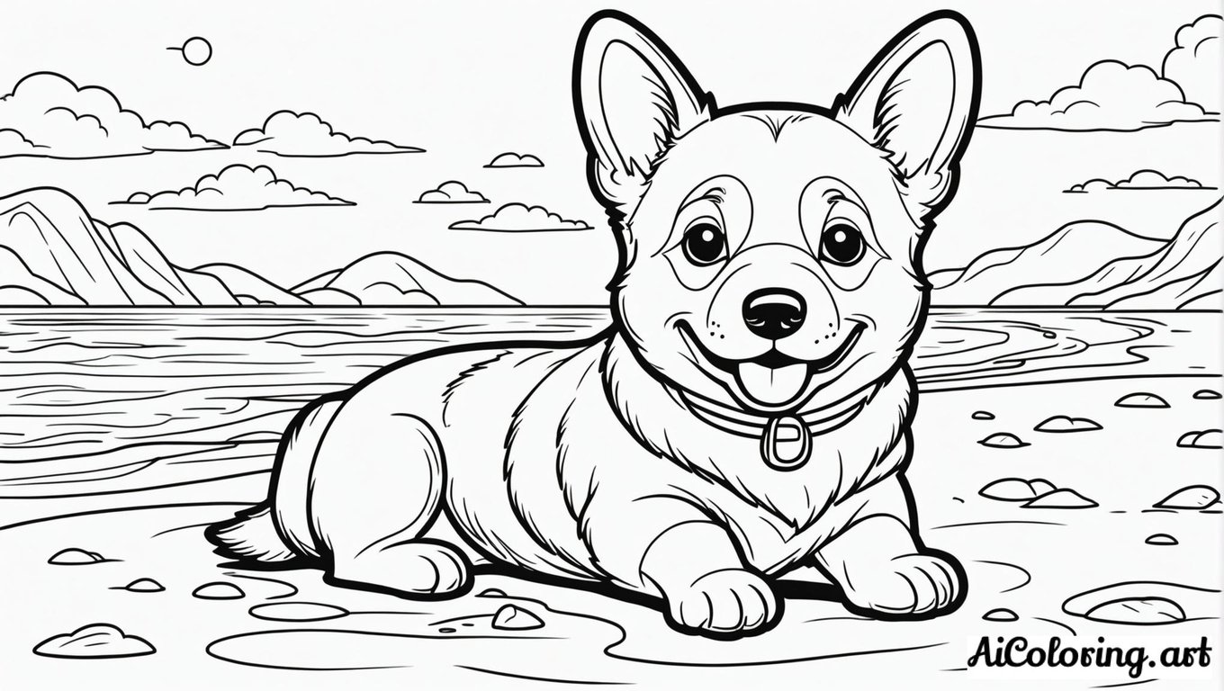 Free coloring page to print corgi puppy beach fun