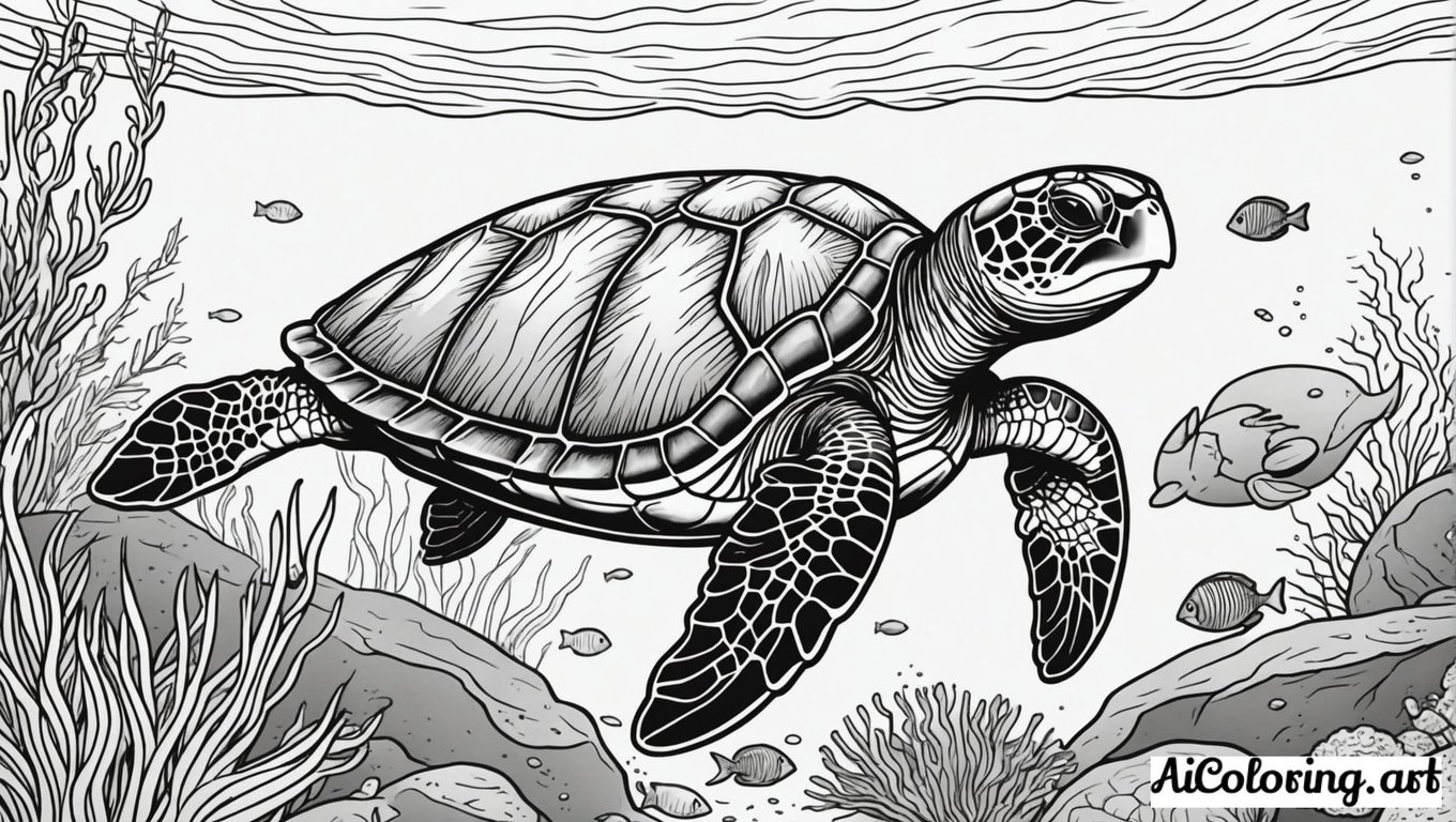 Free coloring page to print realistic sea turtle underwater scene
