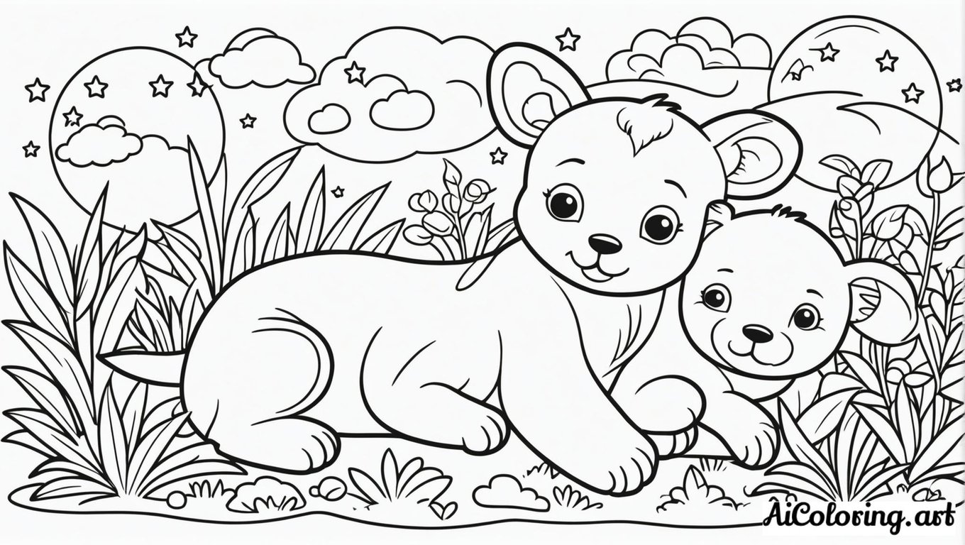 Free coloring page to print cute sleeping baby animals nursery