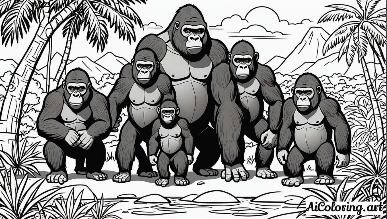 Free coloring page to print gorilla family jungle scene