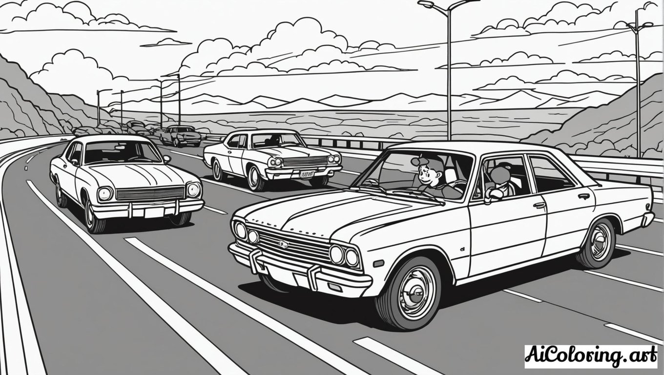 Free coloring page to print cars chasing highway scene