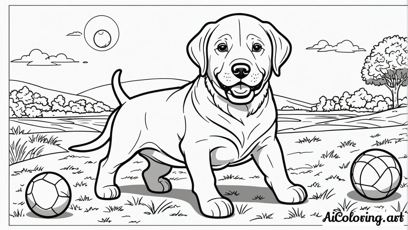 Free coloring page to print labrador fetch ball scene