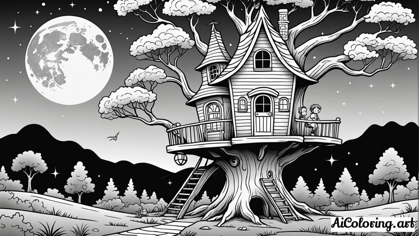 Free coloring page to print fairy treehouse moonlight scene