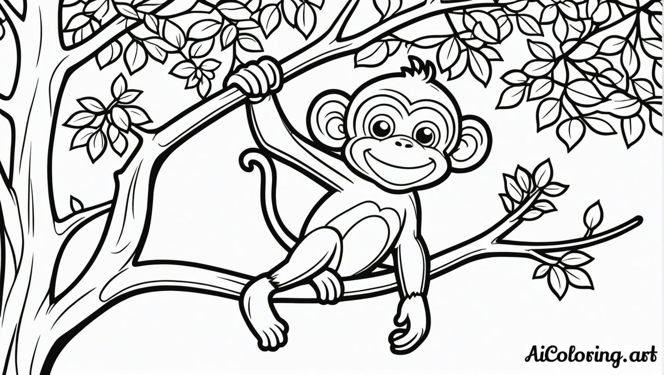 Free coloring page to print monkey swinging tree branches