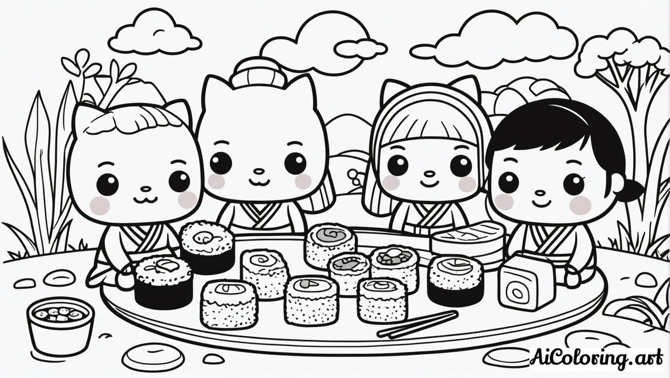 Free coloring page to print kawaii sushi friends picnic