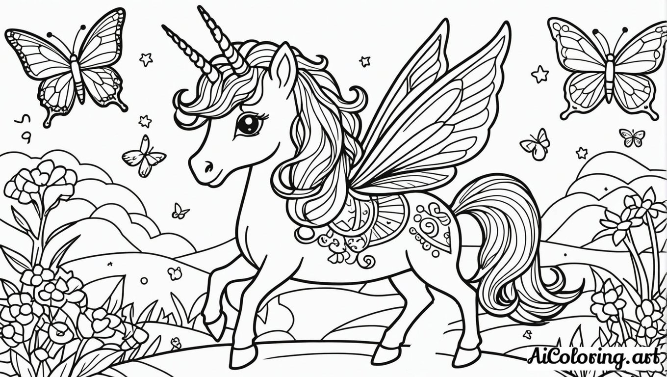 Free coloring page to print unicorn butterfly princess play