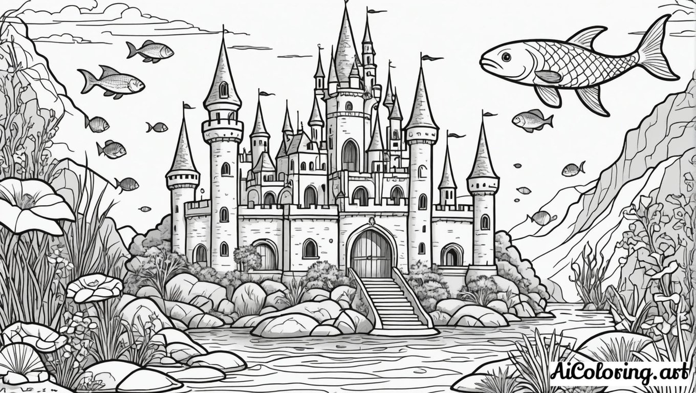 Free coloring page to print mermaid underwater castle detailed