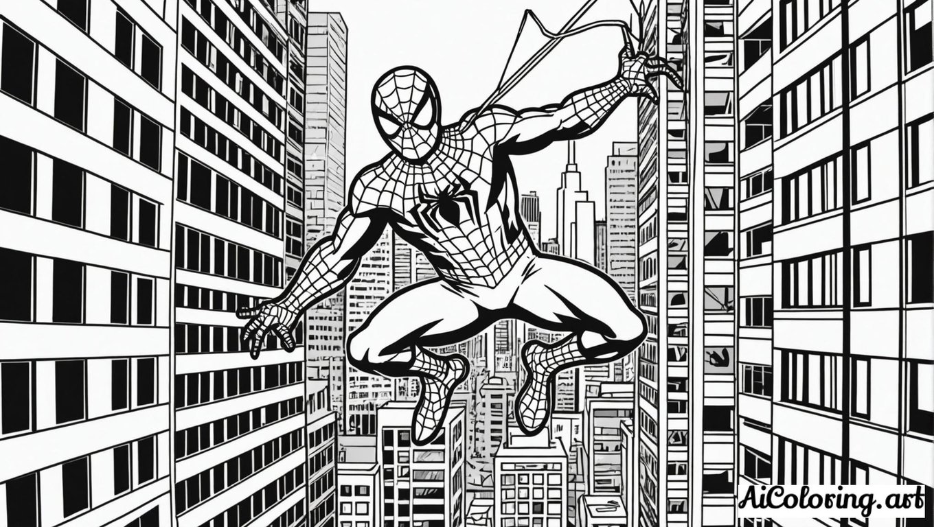 Free coloring page to print spiderman swinging between buildings