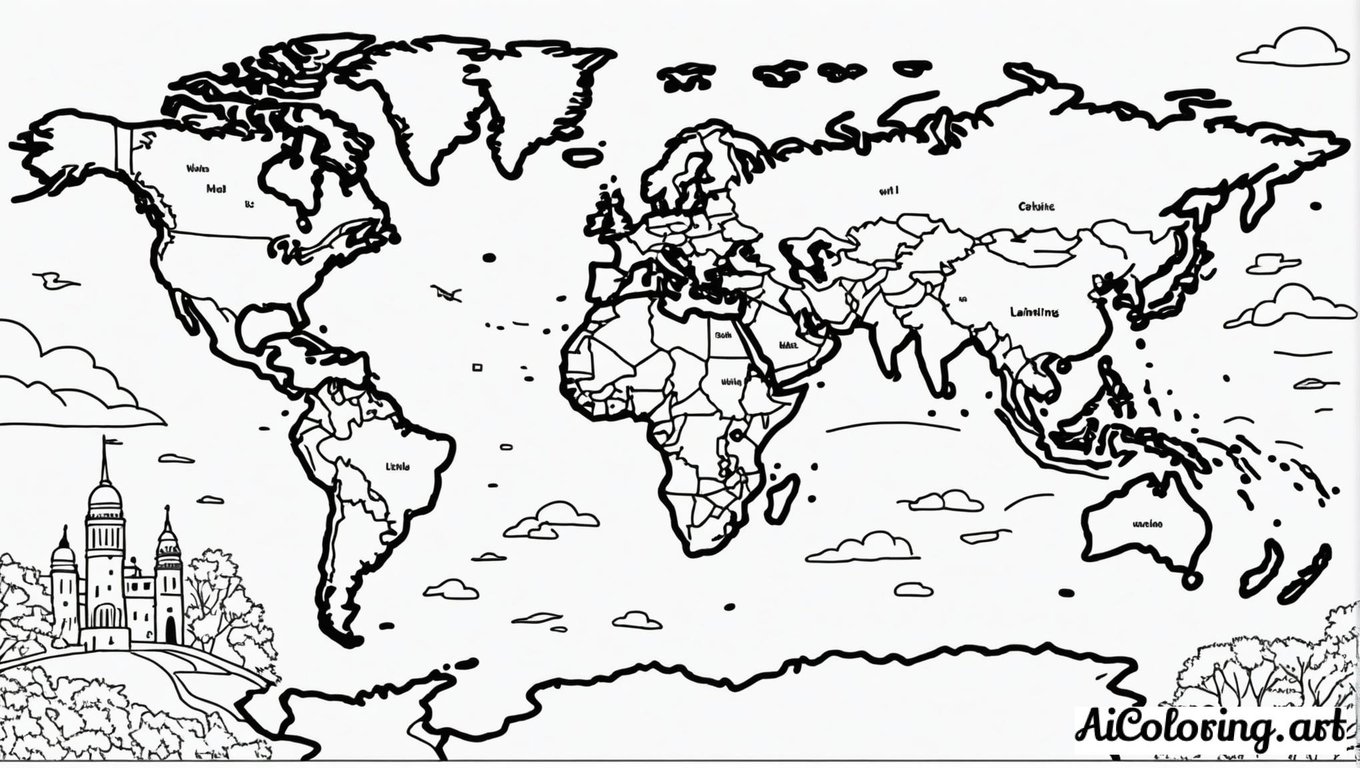 Free coloring page to print world map countries landmarks